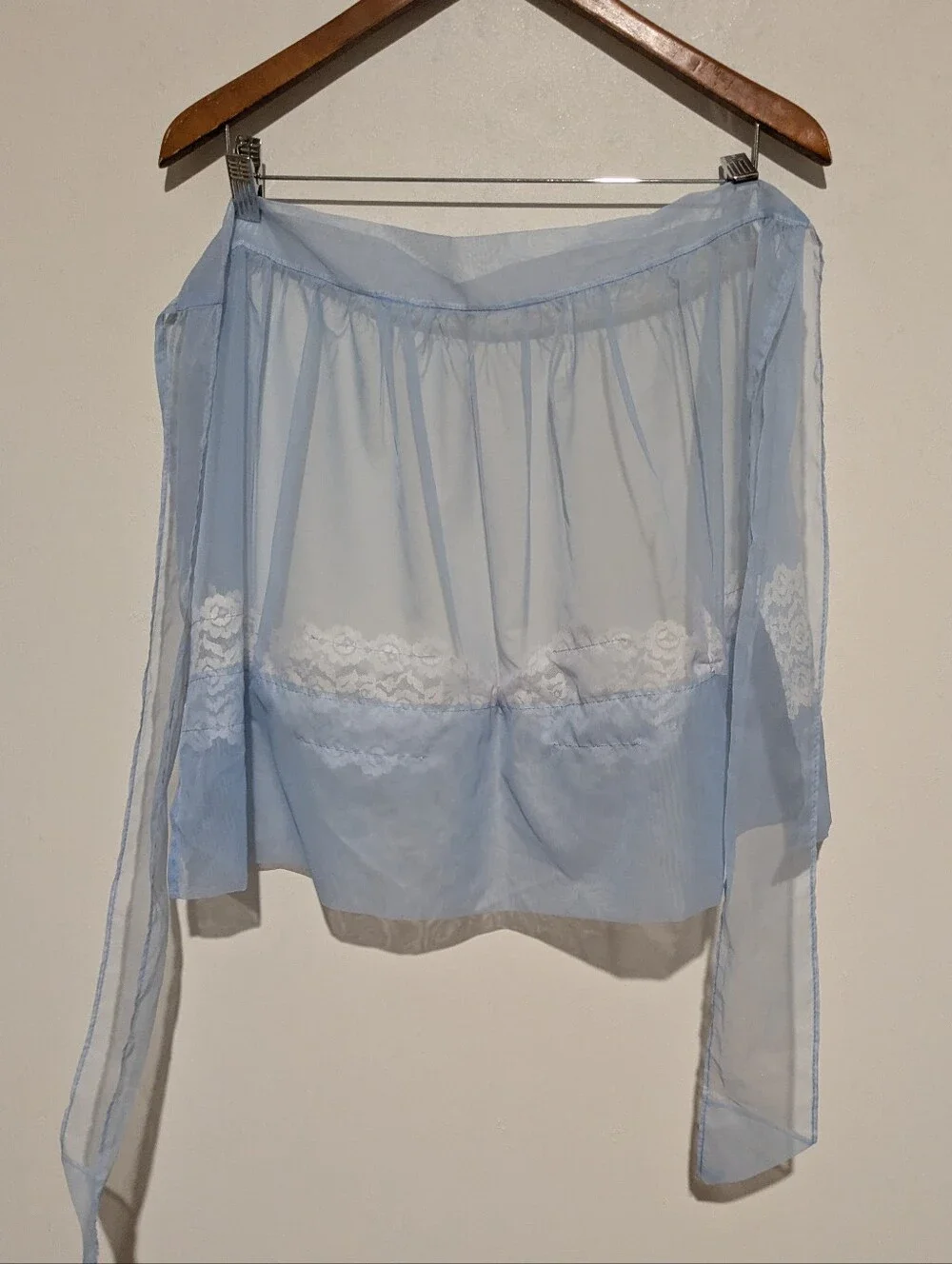 Vintage 50s Blue Semi Sheer Half Apron Lace Trim Wide Ties
